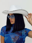 Cowboy hat 50% polyester 50% acrylic Faux felt material  Sequin rim & headband  Stiff curved brim  OSFM 