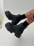 Faux suede boots Rounded toe, pull tab, treaded sole, elasticated gusset at side, padded footbed