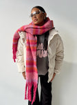 Pink scarf Soft material  Plaid print Fringed edges  Good stretch 