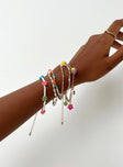 Bracelet pack of six Drop charms Four elasticated styles Two lobster clasp fastening Gold toned