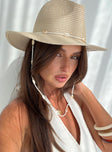 Woven hat  Wide brim, shell and bead strap detail, elasticated inner band