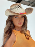 Cowboy hat Woven straw Curved wide brim  Internal adjustable drawstring Mouldable brim shape Bead detail