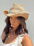 Cowboy hat Woven straw Curved wide brim  Internal adjustable drawstring Mouldable brim shape Bead detail