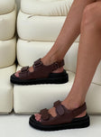 Sandals Faux leather material, twin velcro upper, chunky treaded sole, padded footbed Ankle strap with velcro fastening