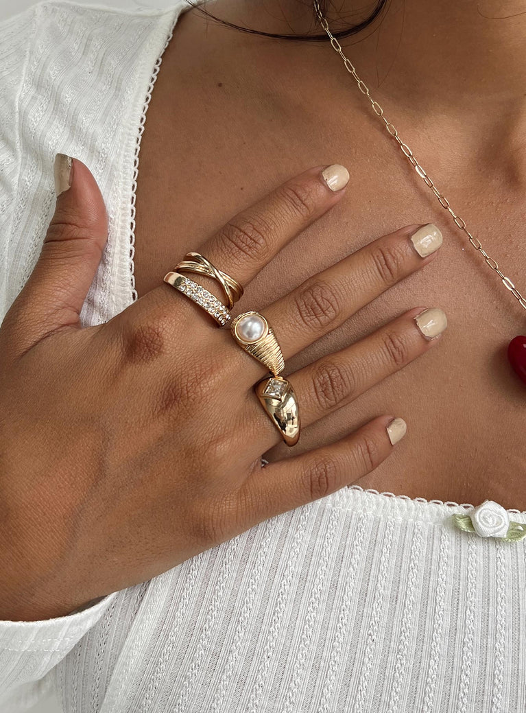 Ring Pack of four Gold toned Pearl and diamante detail Light weight