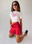 Red mini skirt Wide ruched waistband Frill hem