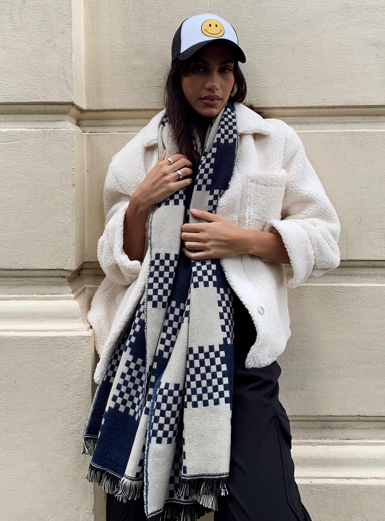 Navy blue sale and white scarf