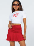 Red mini skirt Wide ruched waistband Frill hem