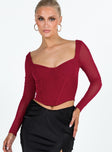 Long sleeve top Sheer mesh material Sweetheart neckline Slight ruching at bust Curved hem Good stretch Lined body