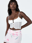 Crop top Mesh material Adjustable shoulder straps Front button fastening Good stretch Partially lined 