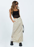 Maxi skirt Windbreaker material Belt looped waist Zip & hook & eye fastening Twin hip pockets Drawstring ties on side