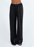 Black pants Silky material  Elasticated waistband  Wide leg  Non stretch Unlined 