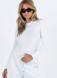 White long sleeve bodysuit High neckline Cheeky style bottom Press clip fastening  Good stretch