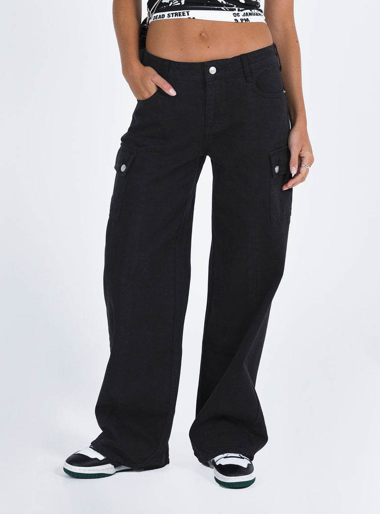 Black cargo jeans Mid rise Black denim Belt looped waist Zip and button fastening Four pocket design  Faux back pockets Wide leg