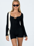 Romper Rib knit material Square neckline Keyhole cut-out with tie fastening  Good stretch Unlined 