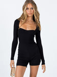 Long sleeve romper Ribbed material   Square neckline  Back tie fastening Exposed back 