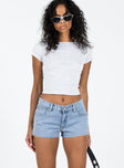 Denim shorts Low rise Light wash denim Belt looped waist Zip & button fastening Classic five-pocket design