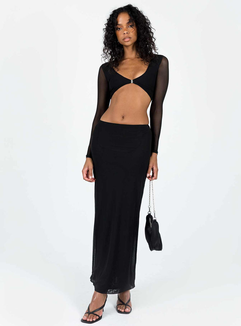 Matching set Kristen is wearing a size US 2 / AU 6 Mesh material Long sleeve crop top V-neckline Clasp fastening at front Maxi skirt Elasticated waistband  Good stretch Lined body