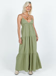 V-neck maxi dress Cross strap fastening at back, elasticated band at back, tiered skirt, invisible zip fastening at side