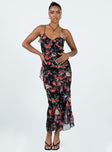 Maxi dress Floral print Adjustable shoulder straps Tie fastening at back Elasticated back Tiered ruffles Uneven hem