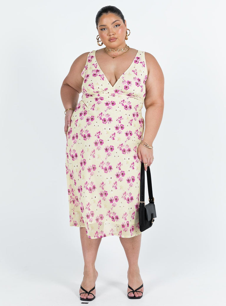 Maxi dress Polka dot print V neckline Gathered detail at bust Invisible zip fastening at side Tie fastening at back