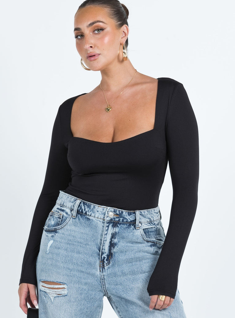 Delilah Long Sleeve Crew Neck Bodysuit - Black