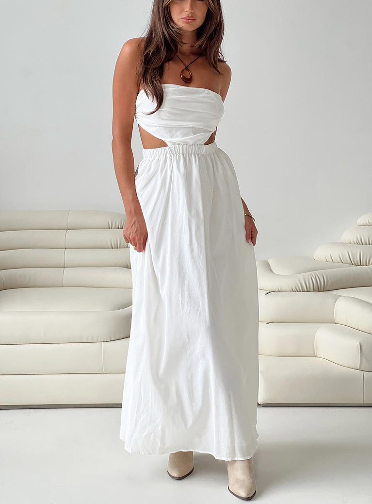 Strapless maxi dress Inner silicone strip at bust Elasticated waist and back band Cut out at side