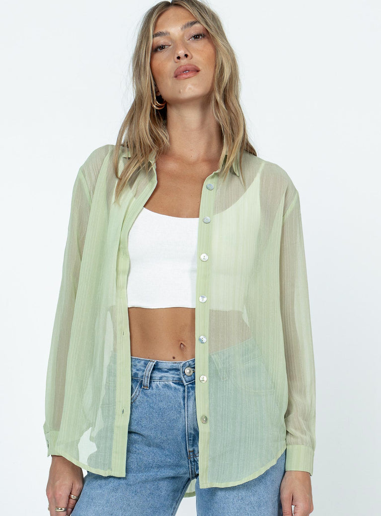 Green long sleeve shirt Sheer material Classic collar Button fastening at front Single button cuff