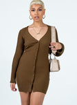 Brown long sleeve mini dress Ribbed knit material Plunging neckline Button front fastening