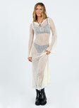 Long sleeve maxi dress Soft crochet material Sheer design Wide neckline Flared sleeve  Slight stretch Unlined 