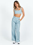 Matching set Linen material Crop top Fixed straps Invisible zip fasting at side High waisted pants Wide relaxed leg Belt loops at waist Zip and button fastening Lined top