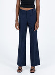 Pants Pinstripe print Belt looped waist Zip and button fastening at front Two faux pockets at back Straight leg