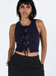 Navy top Ribbed material Tie fastenings at front Good stretch Unlined 