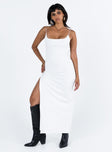 White maxi dress Elasticated shoulder straps Cowl neckline Low back High leg slit Good stretch Fully lined 