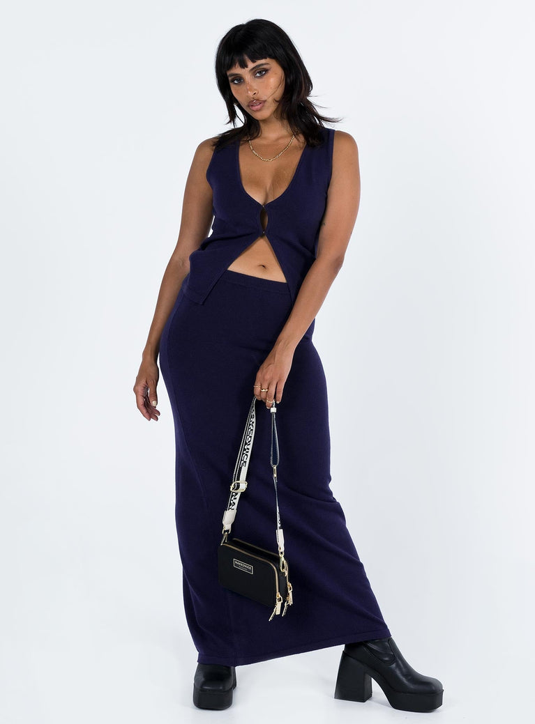 Navy matching set Soft knit material Vest top V neckline Hook AND eye fastening at front Split hem Maxi skirt Thick elasticated waistband 