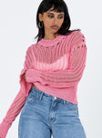 Pink sweater Sheer knit material Drop shoulder Good stretch Unlined 