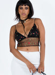 Black crop top Mesh material Floral embellishments  Elasticated shoulder straps Plunging neckline Invisible zip fastening at side Good stretch Lined bust