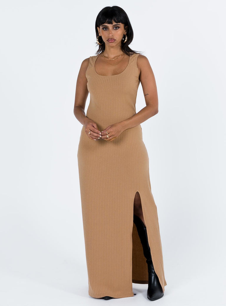 Brown maxi dress Ribbed material Scooped neckline High leg slit Good stretch Unlined 