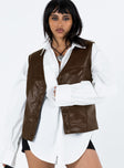 Brown vest Faux leather material V neckline Button fastening at front