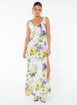 V-neck maxi dress, slim fitting, floral print Fixed shoulder straps, invisible zip fastening at back, high leg slit 