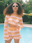 Matching set Sheer crochet material  Striped print Long sleeve crop top Flared sleeves  High waisted shorts Elasticated waistband