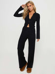 Matching rib-knit set Long sleeve top, classic collar, button fastening at front High-rise pants, thick elasticated waistband, wide leg