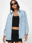 Oversized denim shacket, light wash denim Classic collar, press clip fastening down front, twin chest pockets, single button cuff