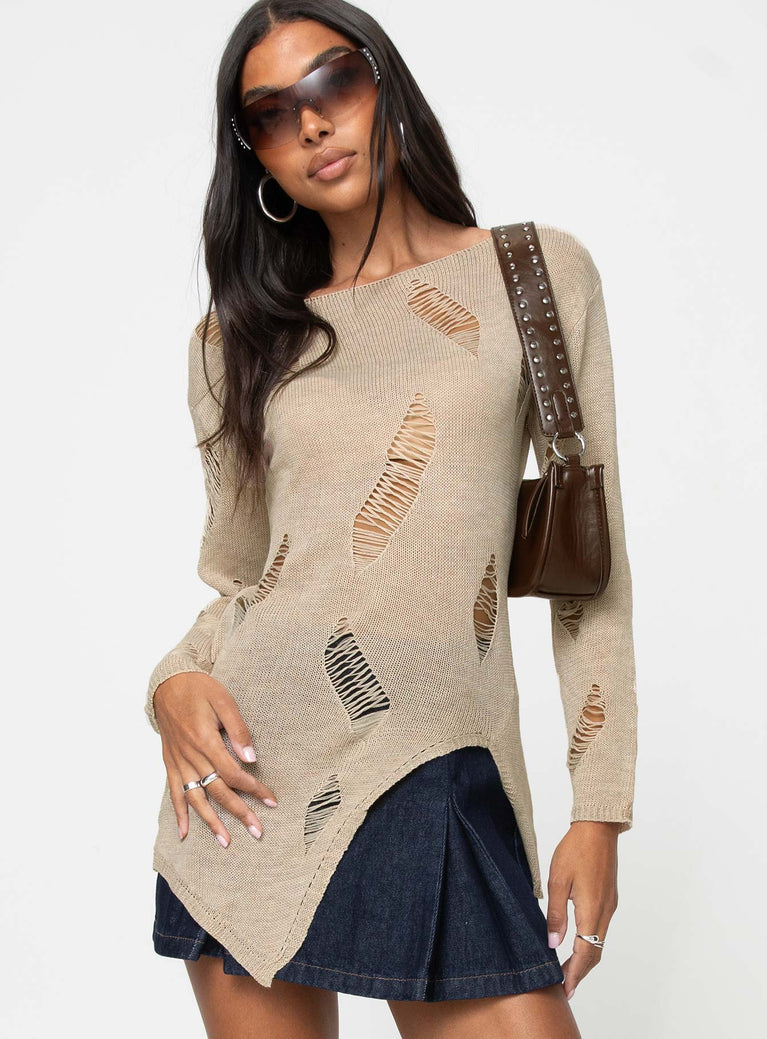 Distressed sweater, slim-fitting  Wide neckline, cut-out hem