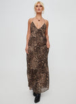 Leopard print maxi dress V-neckline, adjustable shoulder straps with tie fastening, invisible zip fastening at side, tiered design