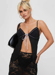 Top Open front style, sheer material, lace trim detail, ribbon detail as tie fastening at bust, adjustable shoulder straps