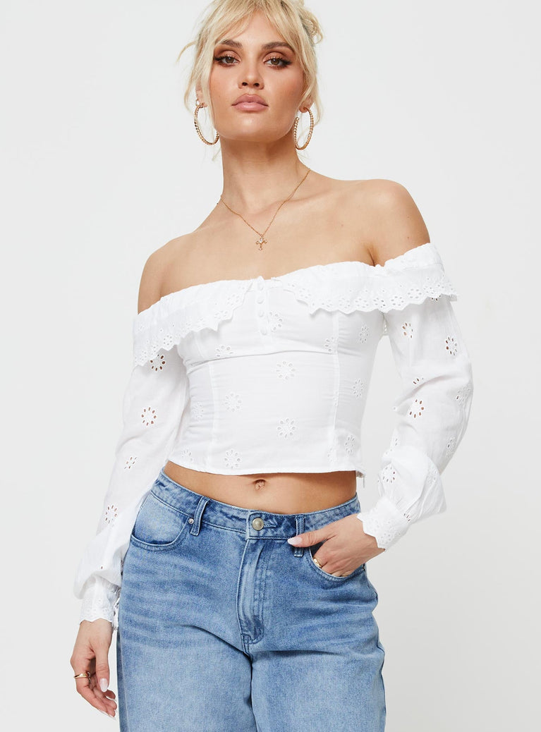 Off-the-shoulder long sleeve top, anglaise material Folded neckline, button detail, invisible zip fastening at side, twin button cuff Non-stretch, fully lined 