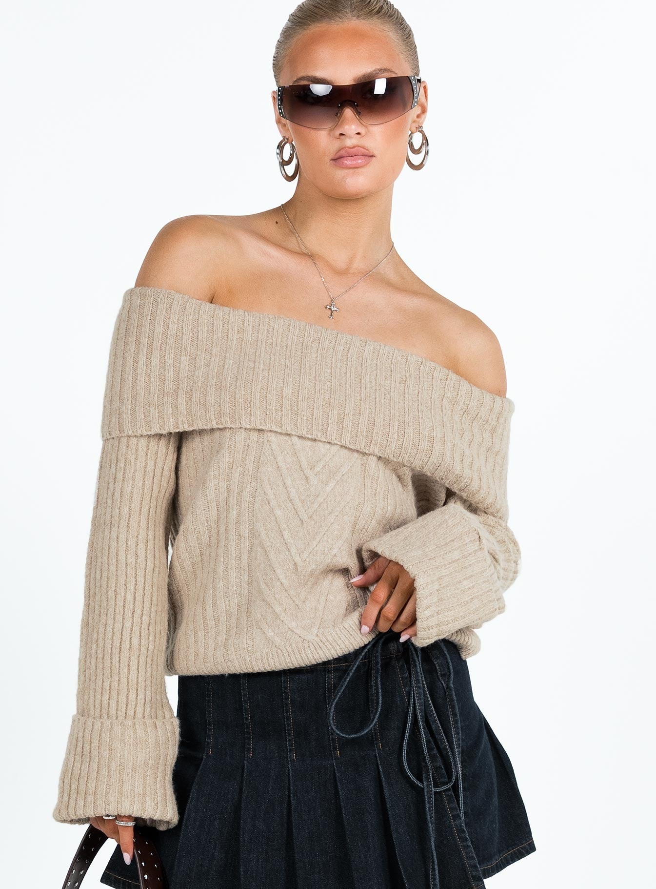 Beige off shop the shoulder jumper