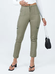 Cargo pants High waisted Zip & clasp fastening  Belt looped waist  Six pocket design Straight leg 