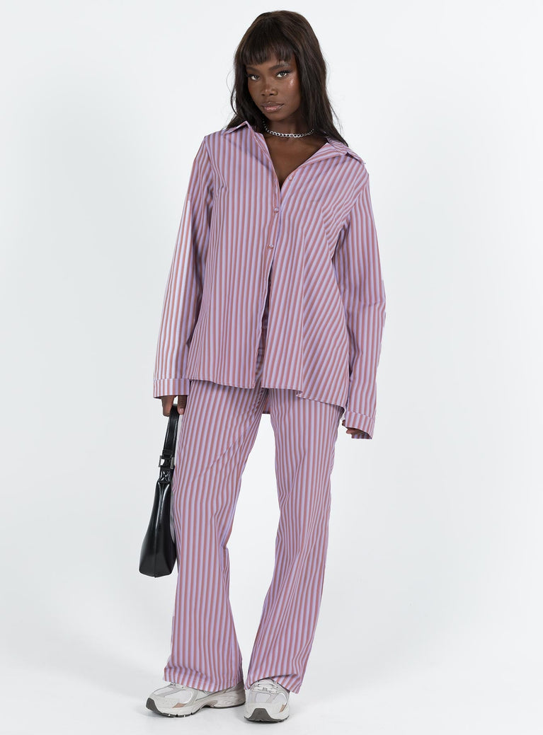 Purple matching set Striped print Long sleeve shirt Classic collar  Button fastening at front Button cuff Pants Elasticated waistband Straight leg